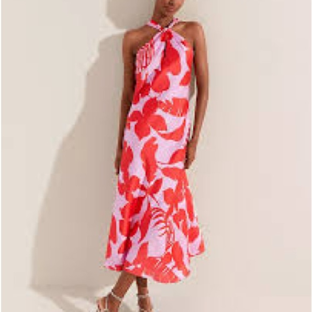 Ann Taylor Floral Satin Halter Dress Red/ Pink - Size 0